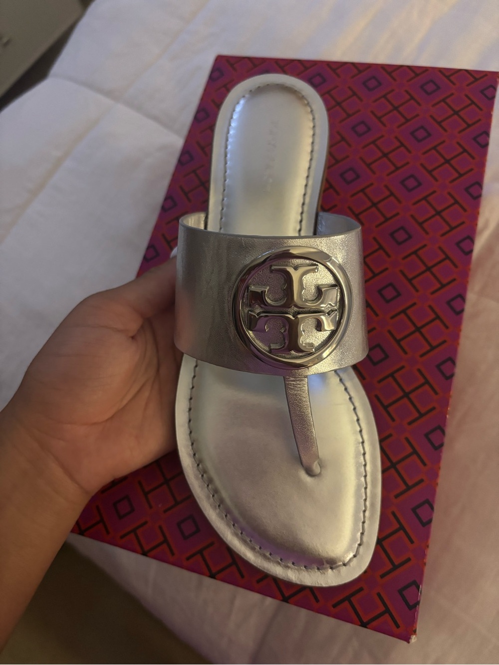 Tory Burch Silver Metallic Logo Thong Sandal
